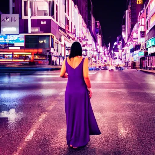 Prompt: a beautiful woman in a purple dress standing on a bustling cyberpunk city street at night