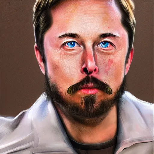 Image similar to elon with extra scratchy mcpatchy facial hair and a heavy fu manchu, photorealistic digital painting