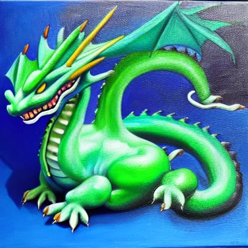 Prompt: a cute blue and green dragon, chubby, oil on canvas, furry