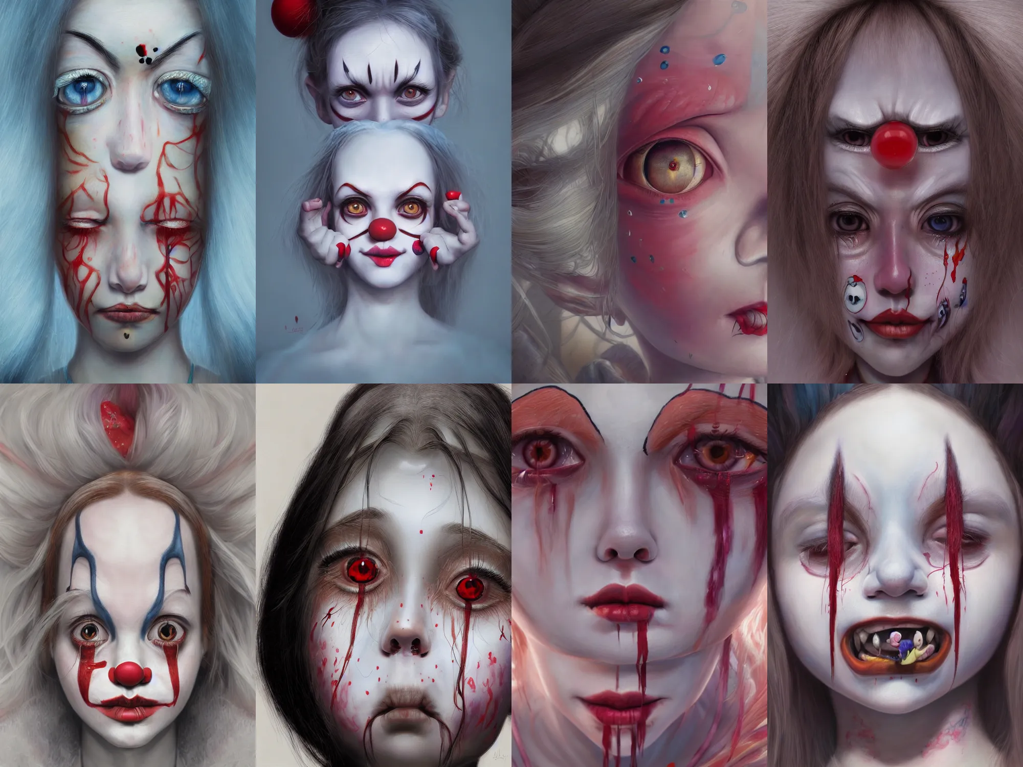 Image similar to detailed painting of clown girl crying, piercing eyes, james jean, miho hirano, hyperrealistic, octane render, ambient light, dynamic lighting