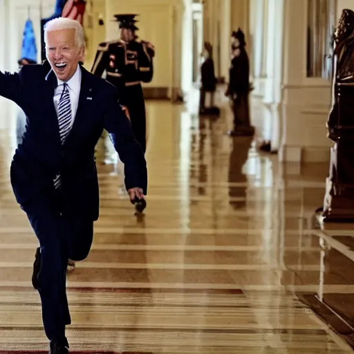 Image similar to detailed Joe Biden running away through the halls of the White House, zombies following him in the background