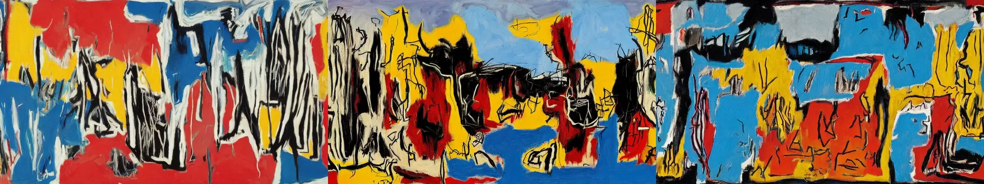 Prompt: lakeside mountains, by basquiat