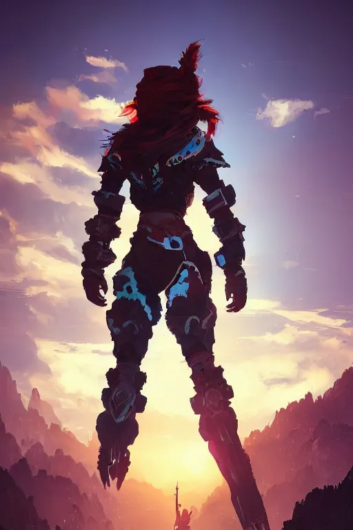 Image similar to combination suit armor aloy horizon forbidden west horizon zero dawn radiating a glowing aura global illumination ray tracing hdr fanart arstation by ian pesty and alena aenami artworks in 4 k tribal robot ninja mask helmet backpack