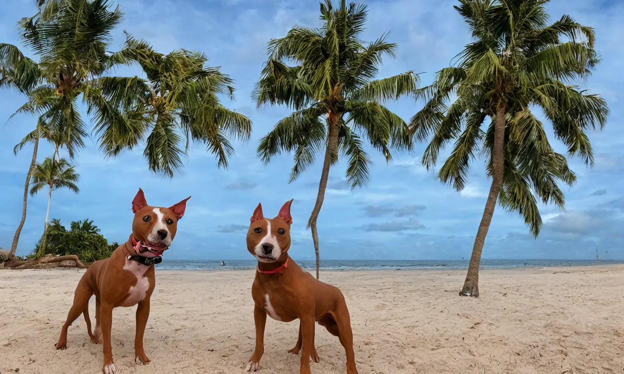 Image similar to an american pitpull terrier on an island beach with palm trees in the background