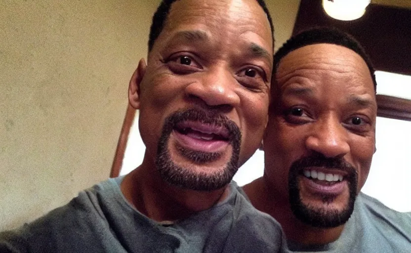 Prompt: my uncle that look like will smith if he was poor asf accidentally taking a selfie, front camera, camera flash is so bright in his face, viral, selfie, viral on twitter, viral on instagram, viral photo