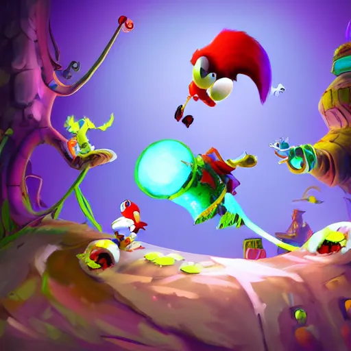 Prompt: rayman legends style painting, rayman, globox, teensie, 2 d characters, 4 k, high detailed, concept art