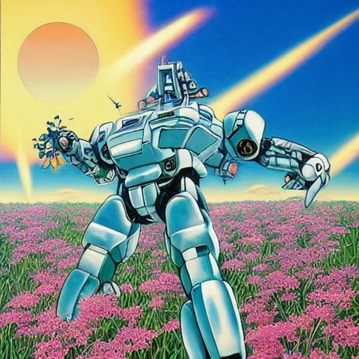 Prompt: a beautiful painting of a large humanoid mecha shrouded by mystic nebula magic in a field of flowers by hiroshi nagai and hirohiko araki, detailed line art