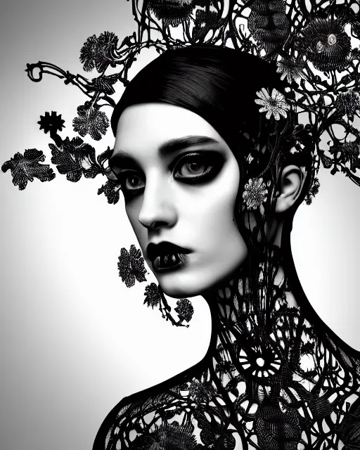 Image similar to monochrome profile portrait painting, dutch masters, silver lace floral steampunk biomechanical beautiful one techno eye young female cyborg, big monocular, volumetric light, leaves foliage and stems, hibiscus flowers, alexander mcqueen, rim light, big gothic fashion pearl embroidered collar, 8 k