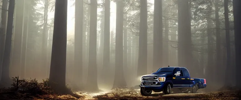 Image similar to navy blue Ford F-250 super duty pickup truck (2018), an epic fantasy, dramatic lighting, cinematic, establishing shot, extremely high detail, photorealistic, cinematic lighting, artstation, by simon stalenhag, driving on a forest trail