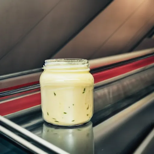 Prompt: a jar of mayonnaise on an escalator. close - up on the jar of mayonnaise. photorealistic, 8 k