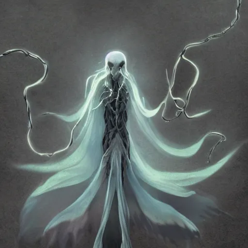 Image similar to concept designs for an ethereal ghostly wraith like figure with a squid like parasite latched onto its head and long tentacle arms that flow lazily but gracefully at its sides like a cloak while it floats around a frozen rocky tundra in the snow searching for lost souls and that hides amongst the shadows in the trees, this character has hydrokinesis and electrokinesis for the resident evil village video game franchise with inspiration from the franchise Bloodborne and the mind flayer from stranger things on netflix