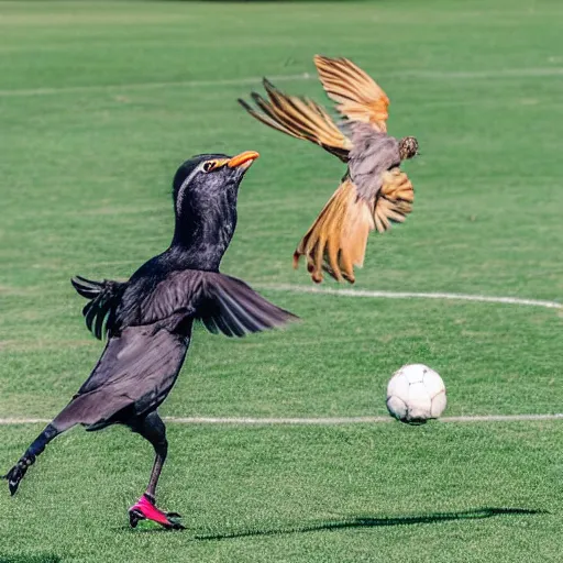 Prompt: Photo of a bird with joyful expressions scoring a decisive goal on another bird as a goalkeeper