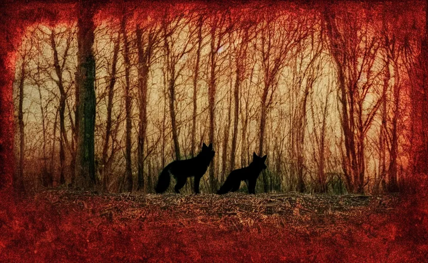 Prompt: wood, black wolf guarding by denis villeneuve, pinhole analogue photo quality, blur, unfocus, cinematic, 35mm, red colors