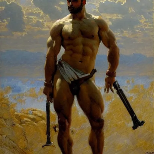 Prompt: Portrait of a greek soldier, muscular, thighs!!!!, painting by Gaston Bussiere, Craig Mullins