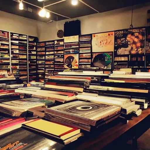 Prompt: cute cozy record store interior, vinyl records, makoto shinkai anime style, sharp