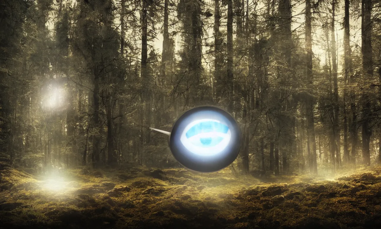 Prompt: Glowing Sauron Eye at Finnish forest lake, futuristic, cyberpunk, highly detailed, photorealistic, sharp focus, cinematic composition, cinematic lighting, detailed