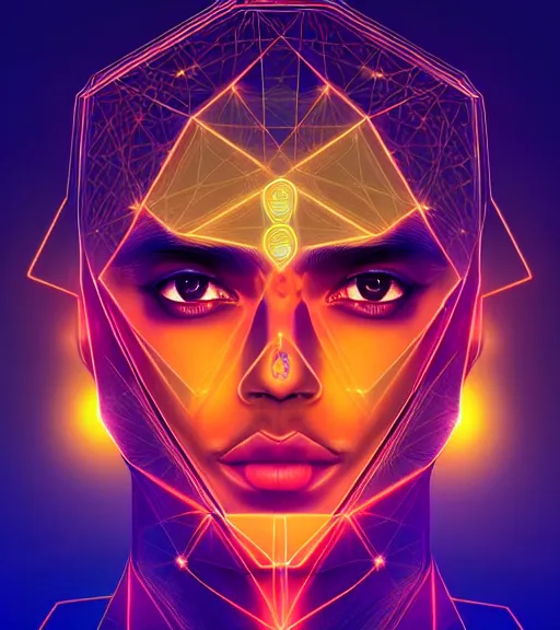 Image similar to symmetry!! indian prince of technology, solid cube of light, hard edges, product render retro - futuristic poster scifi, lasers and neon circuits, brown skin handsome indian prince, intricate, elegant, highly detailed, digital painting, artstation, concept art, smooth, sharp focus, illustration, dreamlike, art by artgerm