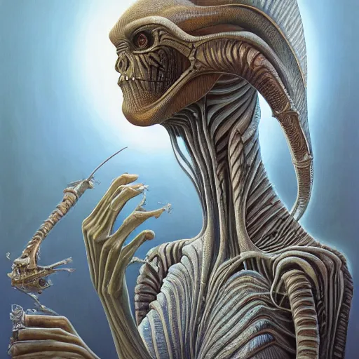 Image similar to female alien Protagonist by jacek yerka, alex gray, zdzisław beksiński, dariusz zawadzki, jeffrey smith and h.r. giger, oil on canvas, 8k highly professionally detailed, trending on artstation