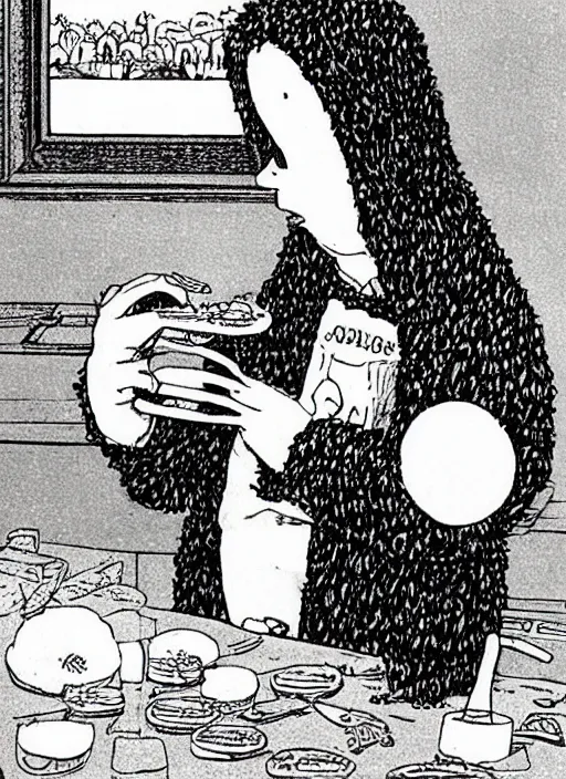 Image similar to child eating mcdonald's, by edward gorey