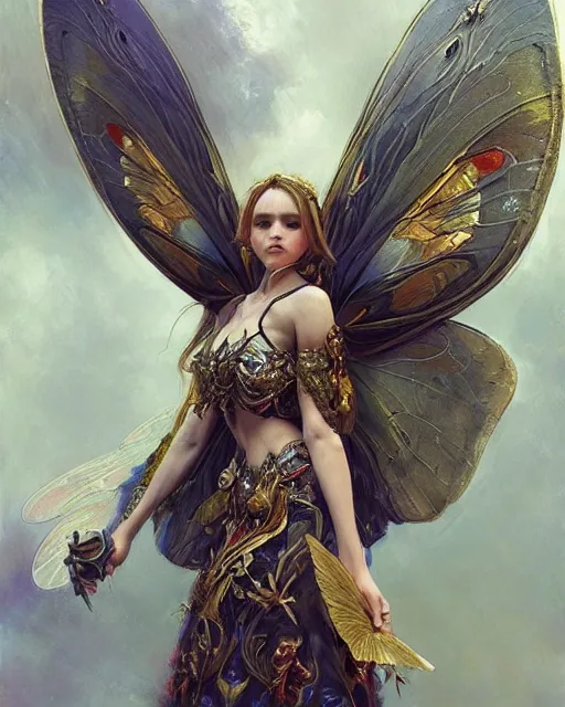 Image similar to Moth Fairy Maiden with large moth like wings wearing ornate dress by Ruan Jia and Andrei Riabovitchev, featured on Artstation, Hyperdetailed, stylized, realistic oil on linen, masterpiece, fantasycore, dark Academia