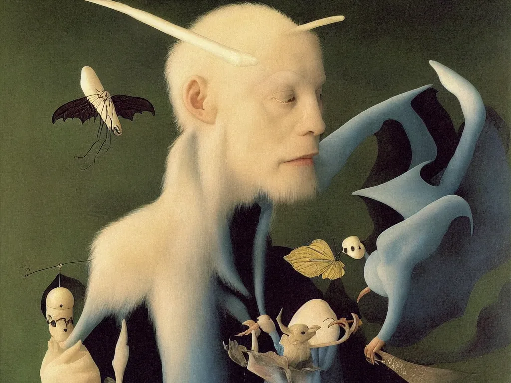 Image similar to Portrait of albino mystic with blue eyes, with beautiful exotic white fluffy bat, long antennae, giant ears. Night, fireflies. Painting by Jan van Eyck, Audubon, Rene Magritte, Agnes Pelton, Max Ernst, Walton Ford