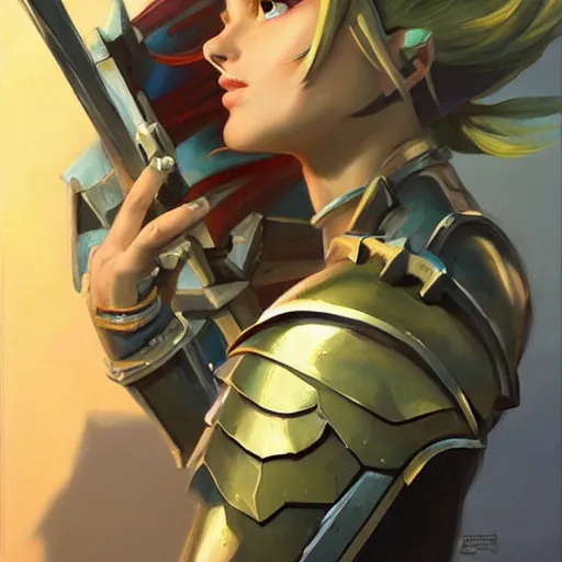 Prompt: greg manchess portrait painting of armored female link from legend of zelda as overwatch character, medium shot, asymmetrical, profile picture, organic painting, sunny day, matte painting, bold shapes, hard edges, street art, trending on artstation, by huang guangjian and gil elvgren and sachin teng