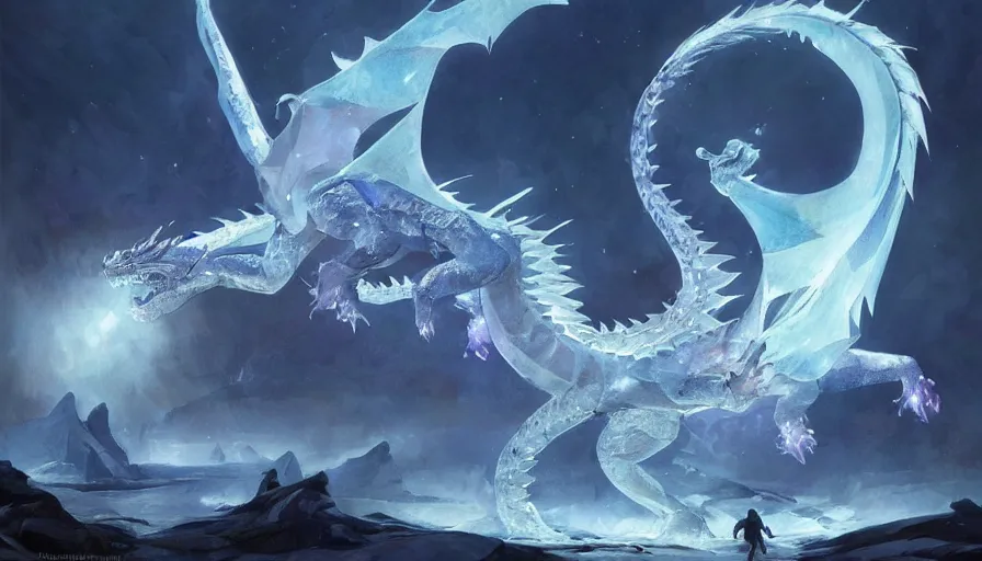 Image similar to epic ice dragon with trendy shapes in a nordic landscape under aurora and stars, set in the words of the Forgotten Realms and Guildwars2, painted by Hans Fredrik Gude, N.C.Wyeth and Artgerm, concept art 2022, ultra realistic masterpiece