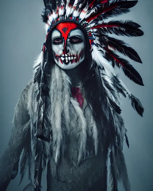 Image similar to the ghost - spirit of the grim - warpaint wears the scarlet skull armor and native blood headdress feathers, midnight fog - mist!, cinematic lighting, various refining methods, micro macro autofocus, ultra definition, award winning photo