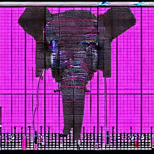 Prompt: a pink elephant head made of circuits, button potenciometers, cables, a contemporary concrete breakcore idm jungle electronic music avantgarde grindcore music sheet machinery glitchy abstract music postmusic piano roll vizgraph in the screen display of a retrofuturistic tv monitor in the elephants head