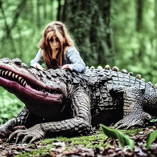 Image similar to werecreature consisting of a human and crocodile, photograph captured in a forest