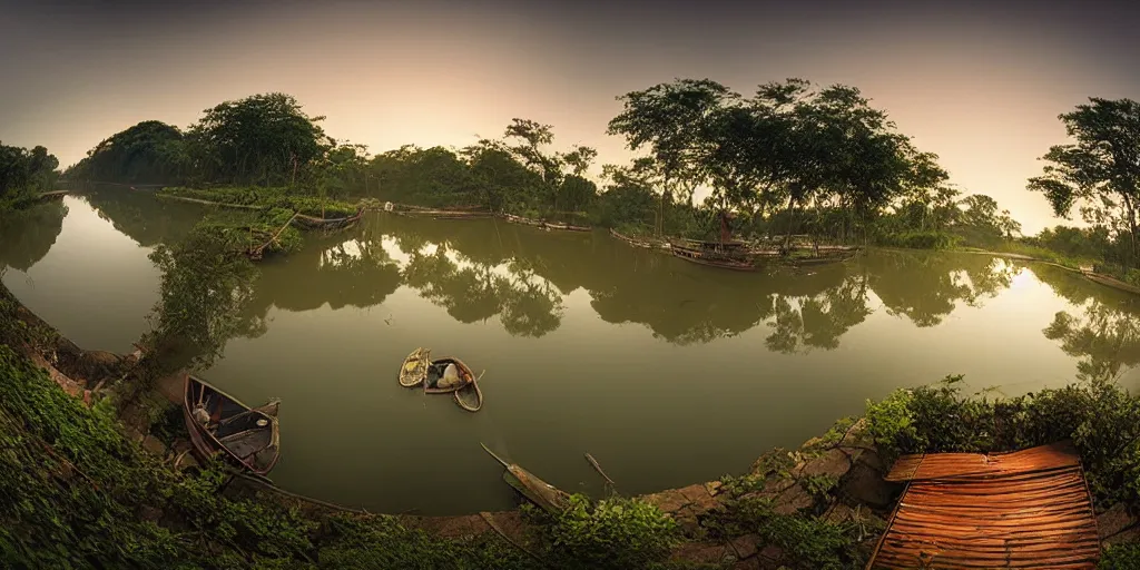 Image similar to a detailed beautiful matte painting of the Mekong River Delta by Mikko Lagerstedt and Raphael Lacoste, fisheye lens