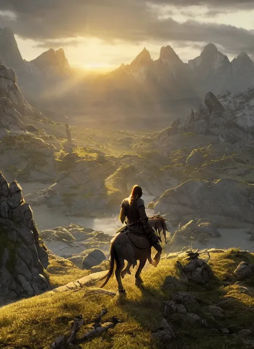 Image similar to medieval adventurer in lord of the rings scenery landscape, looking out at a vast valley at sunrise with mountains in the distance, god's rays, highly detailed, cinematic lighting, perfect composition, 4 k, gustave dore, derek zabrocki, greg rutkowski, belsinski, octane render