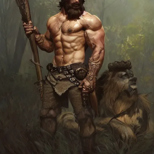 Image similar to portrait of a gruff ranger, muscular, upper body, hairy body, D&D, fantasy, intricate, elegant, highly detailed, digital painting, artstation, concept art, matte, sharp focus, illustration, art by Artgerm and Greg Rutkowski and Alphonse Mucha