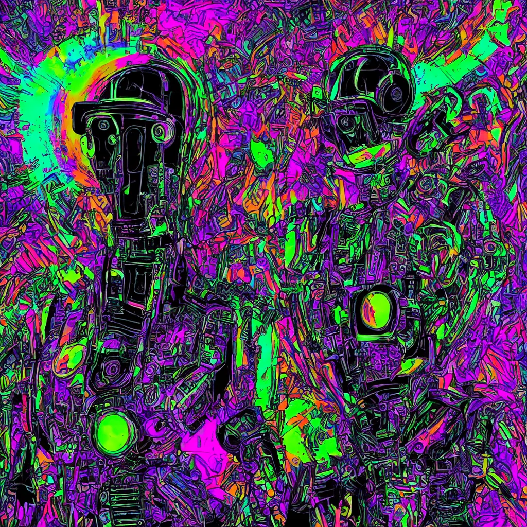 Image similar to mockup of a black tshirt with a hyperdetailed portrait of a trippy cyberpunk robot, 8 k, symetrical, flourescent colors, happy mood, multicolored,