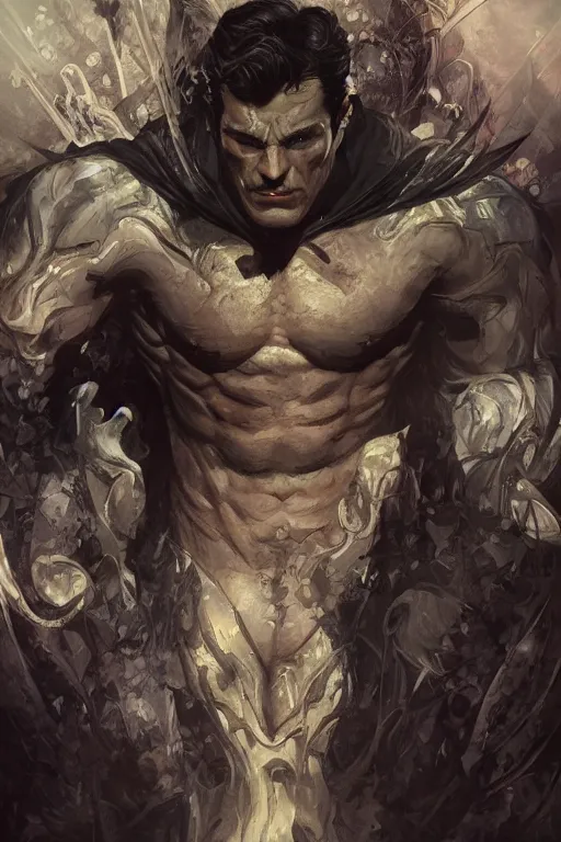 Image similar to portrait of bruce wayne as a hulking herculean demon, forest, godlike, full body, fantasy, intricate, elegant, highly detailed, digital painting, artstation, concept art, sharp focus, illustration, art by artgerm and greg rutkowski and alphonse mucha