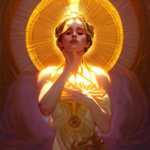 Prompt: sun goddess, surrounded by light, artstation, highly detailed, elegant, by artgerm and greg rutkowski and alphonse mucha