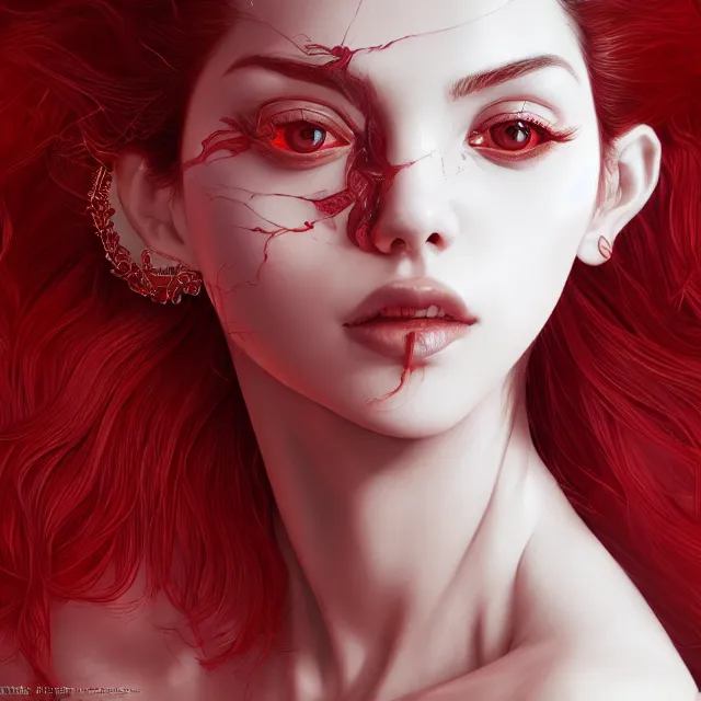 Image similar to portrait of a red gem ruby personified as an absurdly beautiful, elegant, young hypercolorful sensual gravure idol, ultrafine hyperrealistic detailed face illustration by kim jung gi, irakli nadar, intricate linework, sharp focus, bright colors, matte, octopath traveler, final fantasy, unreal engine highly rendered, global illumination, radiant light, intricate environment