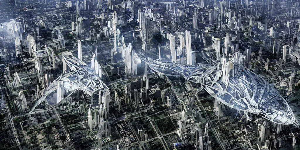 Image similar to future forest city attacked by spaceship, broken buildings, star trek, glory war, photograph