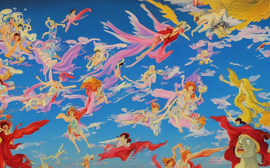 Prompt: vision of angels - a painting of an angel flying in the sky, with a group of angels flying above it by eiichiro oda and lawren harris, style of 6 0 s kitsch and psychedelia