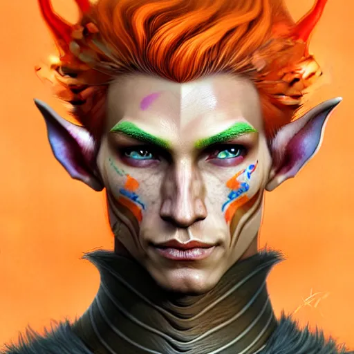 Image similar to portrait painting of an elven eladrin young man with short light orange hair and tribal tattoos in his cheekbones wearing fur armor, d & d, rpg, sharp focus, award - winning, trending on artstation, masterpiece, highly detailed, intricate. art by josan gonzales and moebius and deathburger