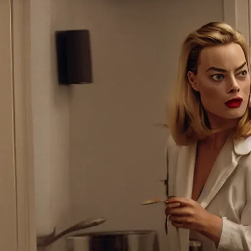 Prompt: still of margot robbie, morning routine in american psycho