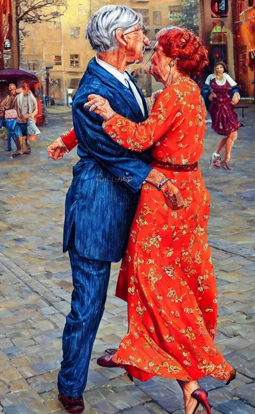 Prompt: beautiful intricate detailed painting of an older couple dancing in the street. vibrant, high quality, very funny, beautiful, hq. hd. 4 k. award winning. trending on artstation