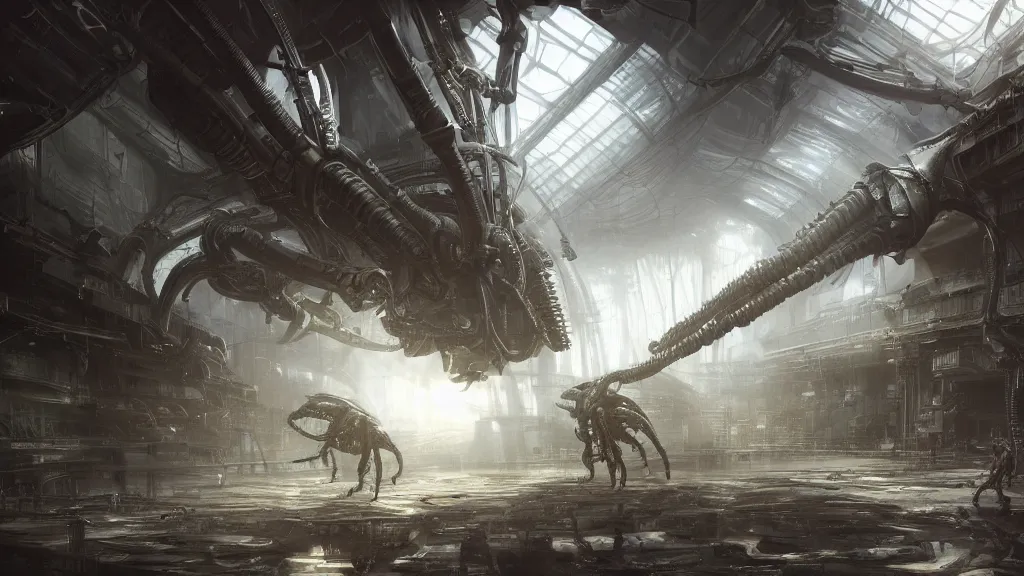 Image similar to a Photorealistic dramatic hyperrealistic,hyper detailed render by Greg Rutkowski,Craig Mullins,Nicolas Bouvier SPARTH, ILM of an Epic Sci-Fi, Gigantic Alien xenomorph spaceship inside huge interior hangar,intricate bio mechanical surface details,many tubes and cables hanging from the ceiling,Beautiful dynamic dramatic moody lighting,contrast and shadows,Volumetric,Cinematic Atmosphere,Octane Render,Artstation,8k