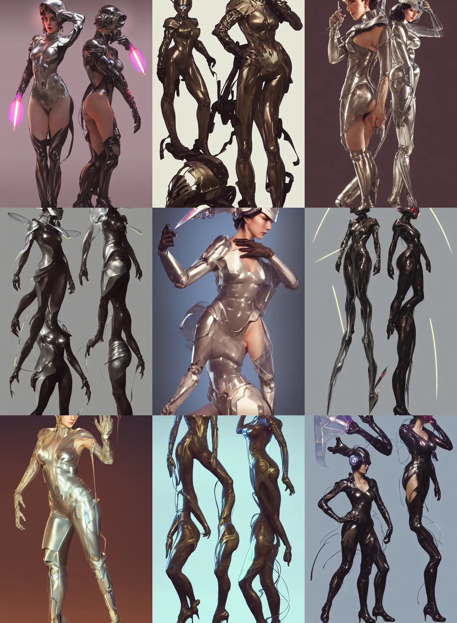 Image similar to a full body character design by artgerm, cushart krenz, greg rutkowski and alphonse mucha. sci - fi dagger. laser and translucent plastic tape project show attctive showgirl!! sci - fi helmet!! sharp edges. ultra clear detailed. contour light effect!! 8 k. ultra detailed, elegant, intricate, octane render.