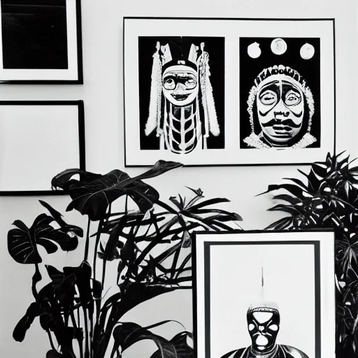 Image similar to A black and white photography in sérigraphie of an exhibition space with works of Sun Ra, Marcel Duchamp and tropical plants - W 1280