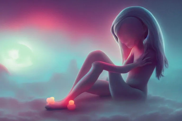 Image similar to a cute alien girl sitting on a cloud relaxing, misty, glows, digital art, hazy, foggy, red lighting, ambient lighting, 8 k,