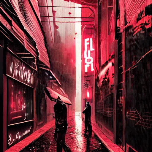 Prompt: gritty infamous mafia street neon by night under heavy rain with neon lights bleeping in red tones, dark, intricate, very detailed, science-fiction, trending on artstation, Nekro, Russ Mills, Taiyo Matsumoto, octane render, 4K