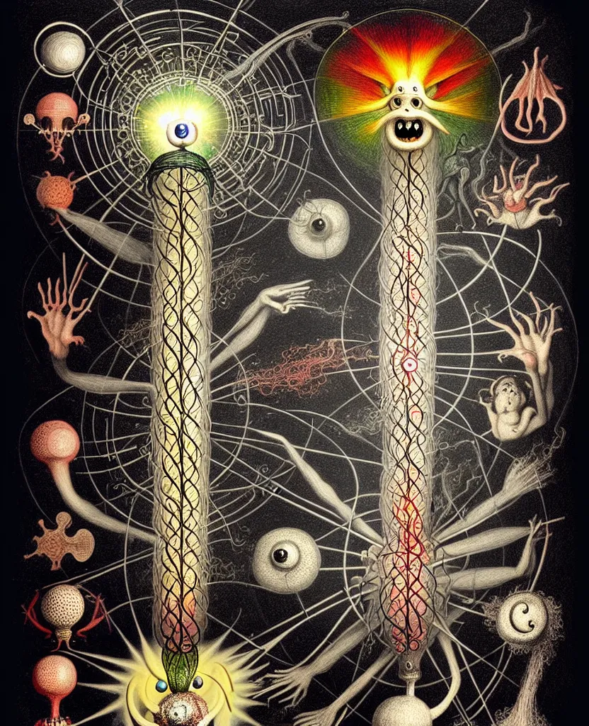 Image similar to whimsical freaky creature sings a unique canto about'as above so below'being ignited by the spirit of haeckel and robert fludd, breakthrough is iminent, glory be to the magic within, painted by ronny khalil