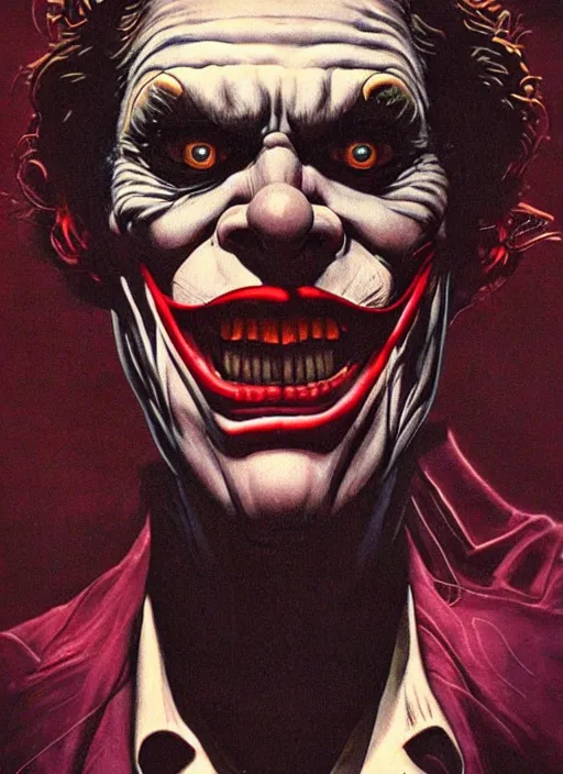 Image similar to willem dafoe as the joker, grotesque, horror, high details, intricate details, by vincent di fate, artgerm julie bell beeple, 1 9 8 0 s, inking, vintage 8 0 s print, screen print