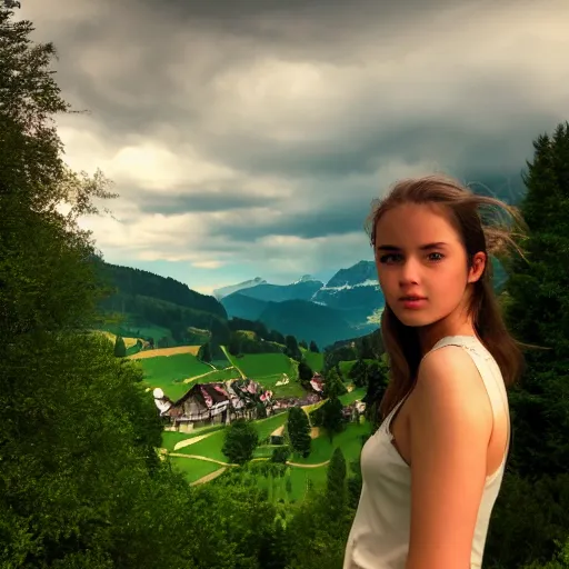 Image similar to a beautiful photograph of a girl with switzerland landscape in the background with trees, hdr, 8 k, high quality, sharp focus, artstation, highly detailed, award - winning, dramatic lighting, beautiful clouds, and nature